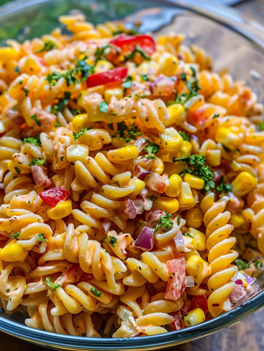 A bowl of pasta with tomatoes, corn, and onions.