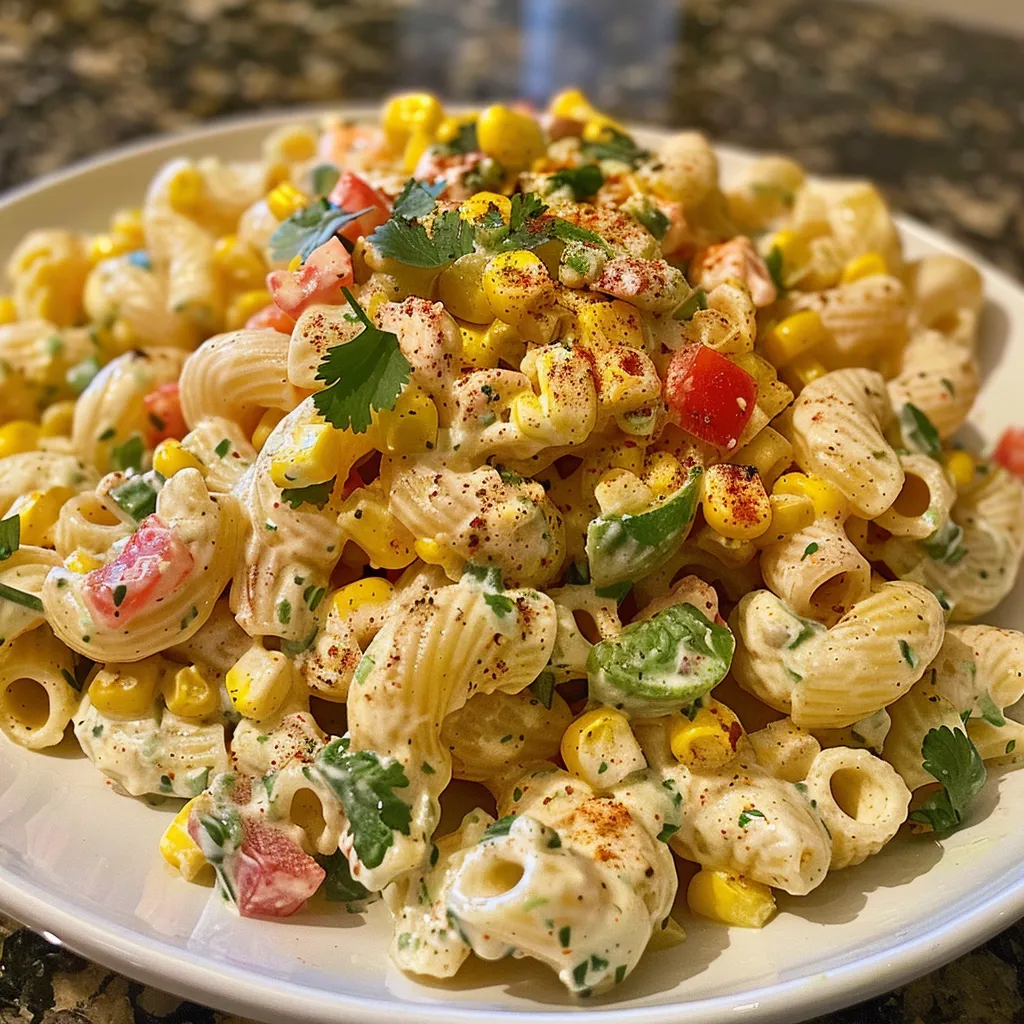 A plate of pasta with corn and tomatoes.