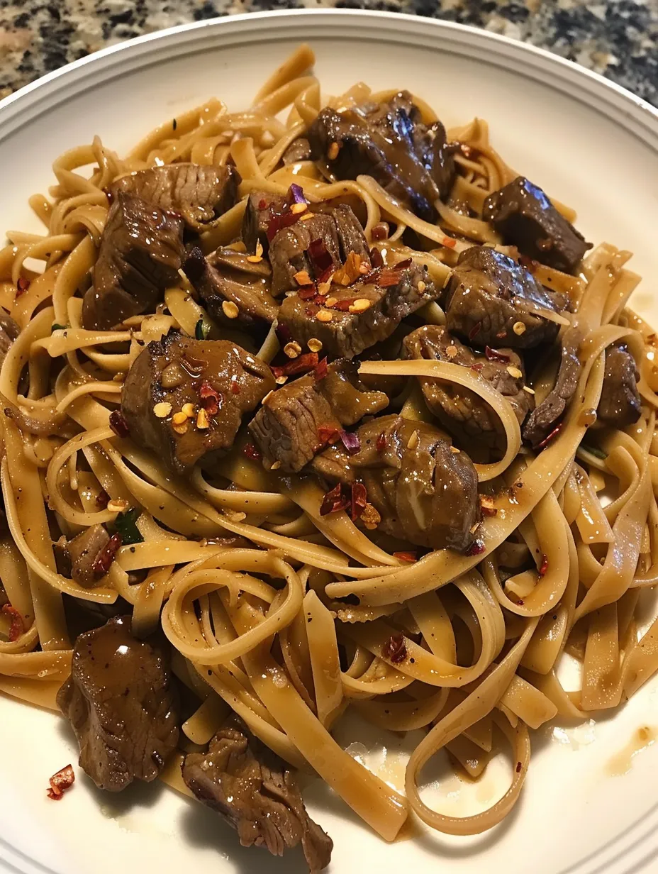 A plate of noodles with meat and peppers.