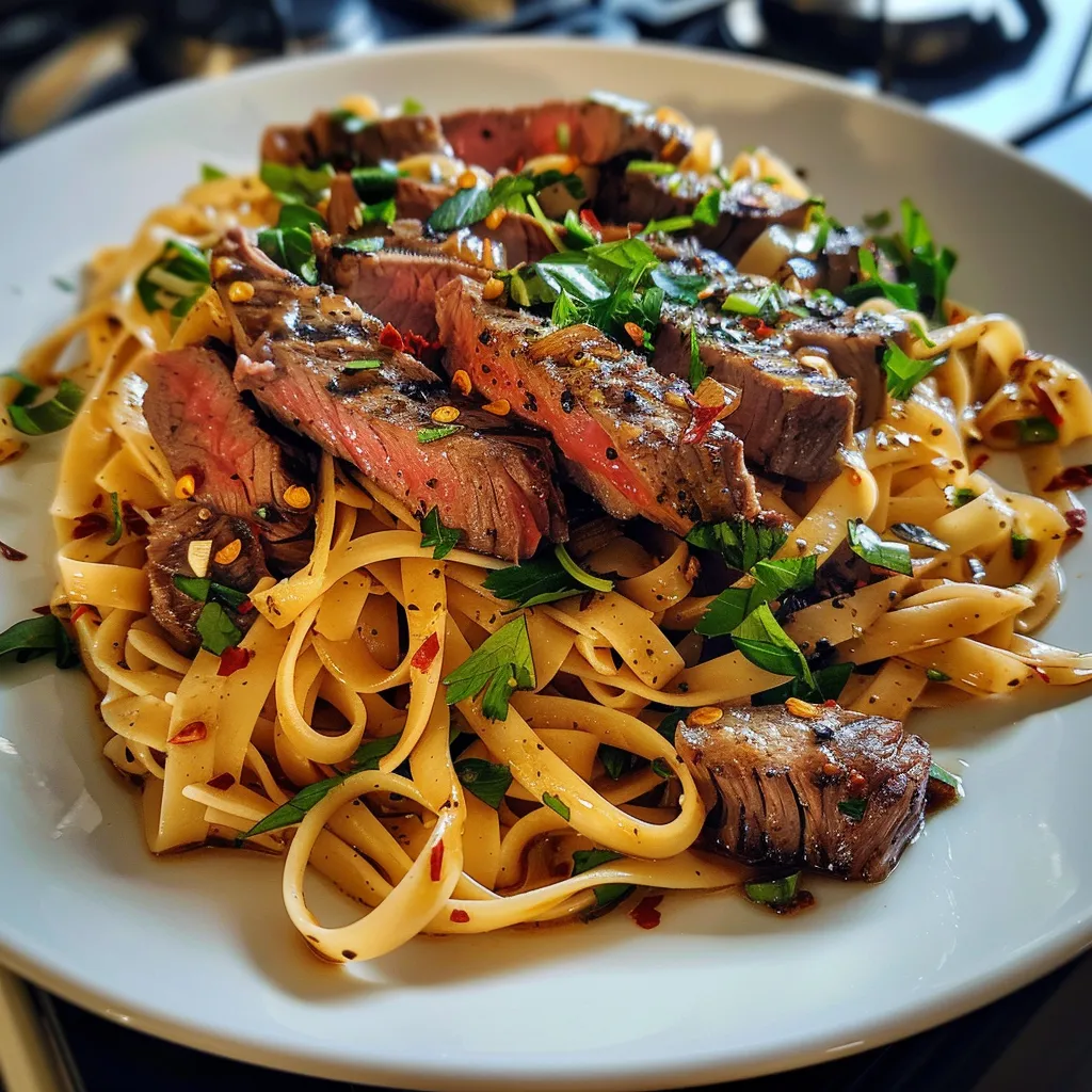 A plate of pasta with meat on top.