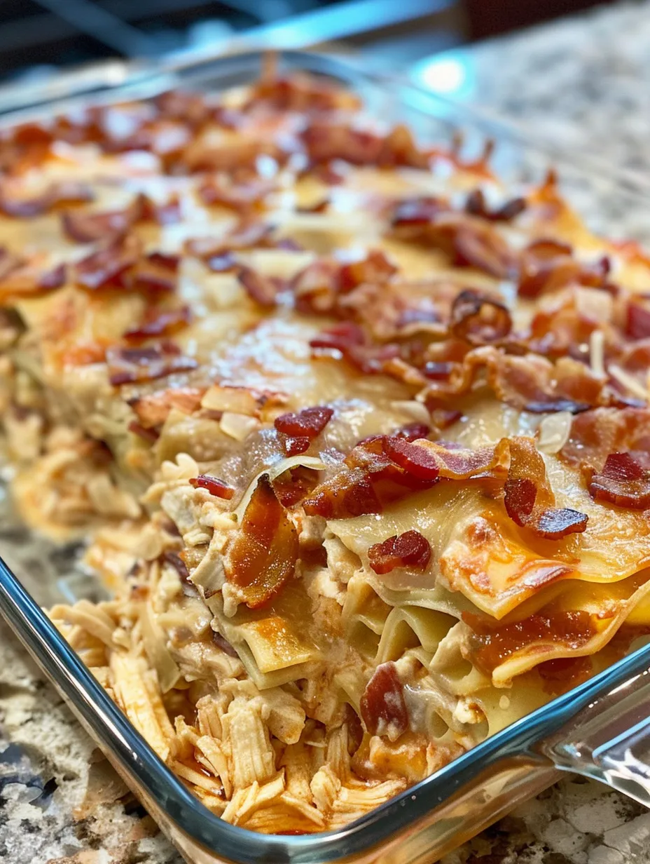 A pan of food with bacon and cheese.