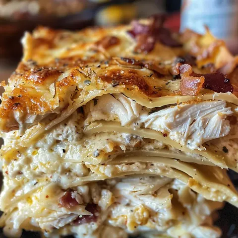 A stack of lasagna with bacon on top.