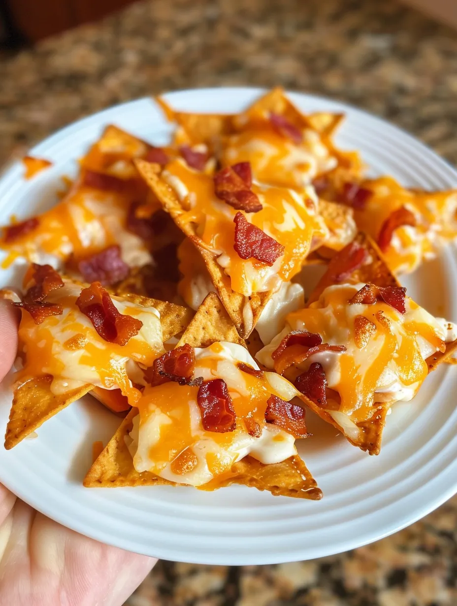 A plate of bacon and cheese nachos.