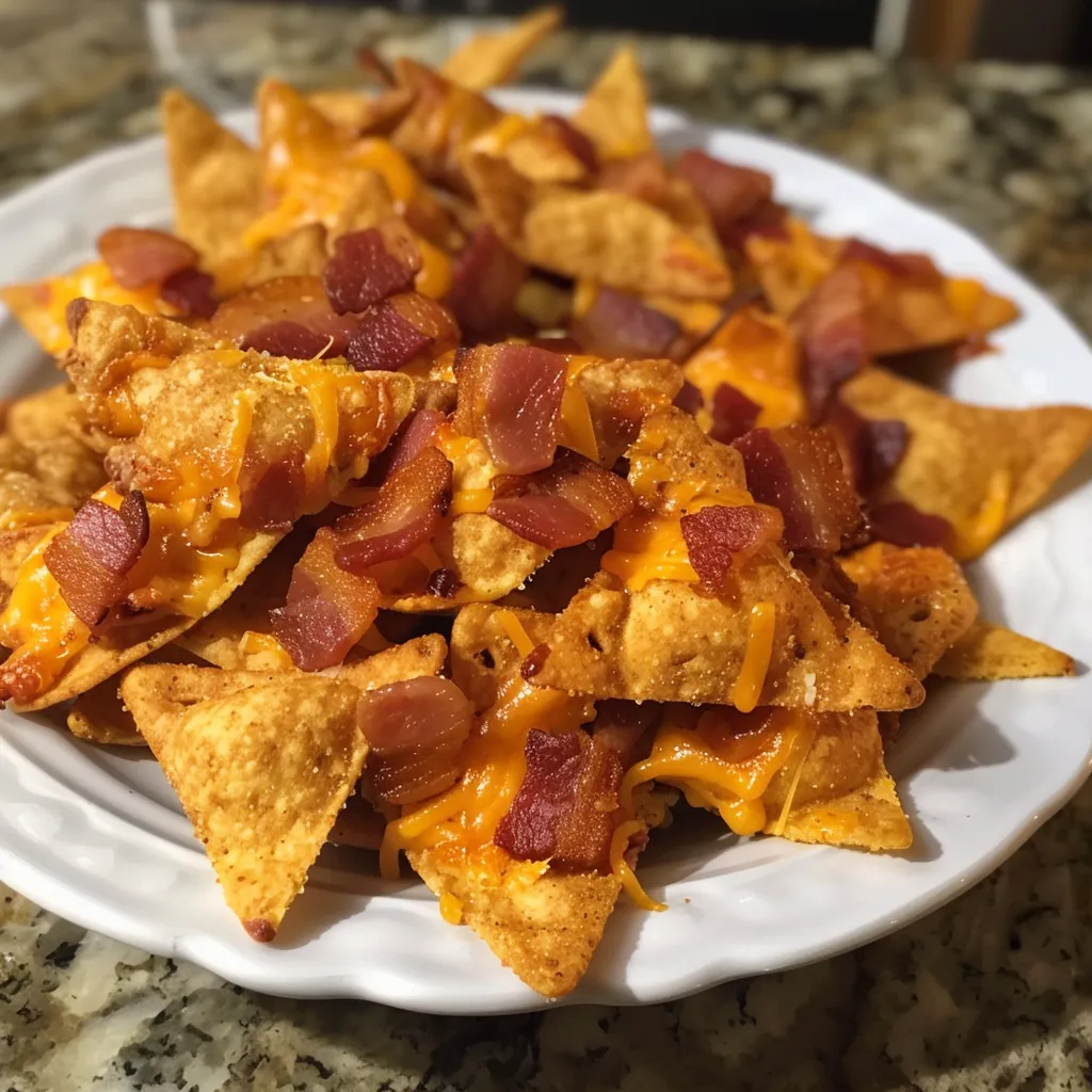A plate of bacon and cheese nachos.