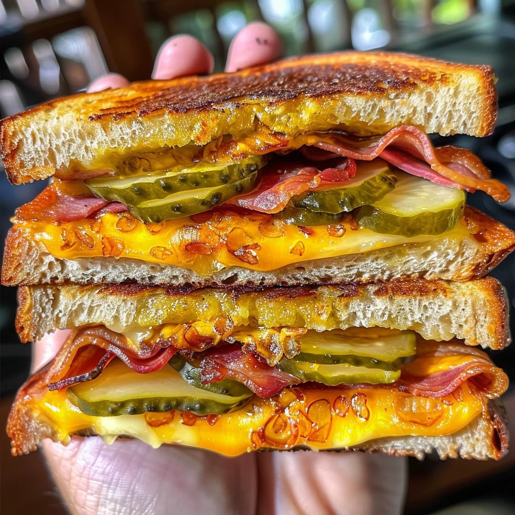 A sandwich with bacon, cheese, and pickles.