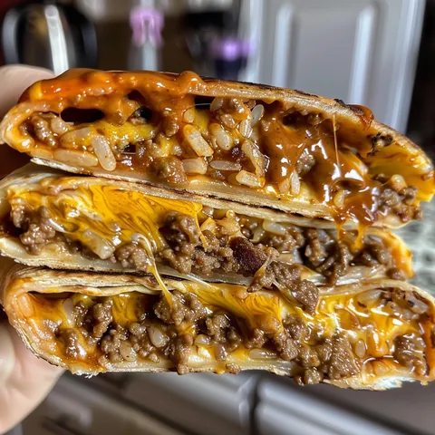A person is holding a burrito with cheese and meat.