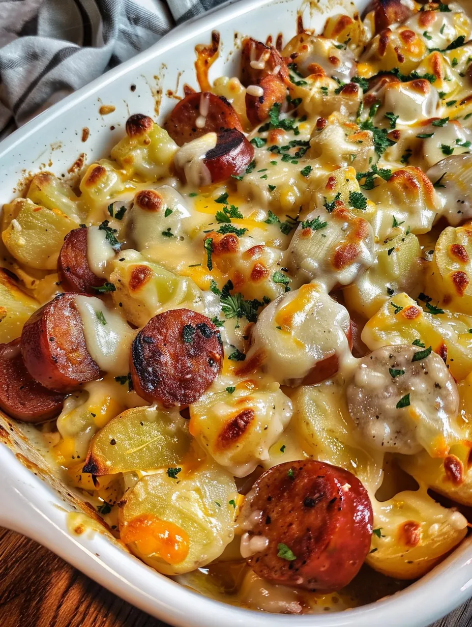 A delicious looking cheese and sausage dish.