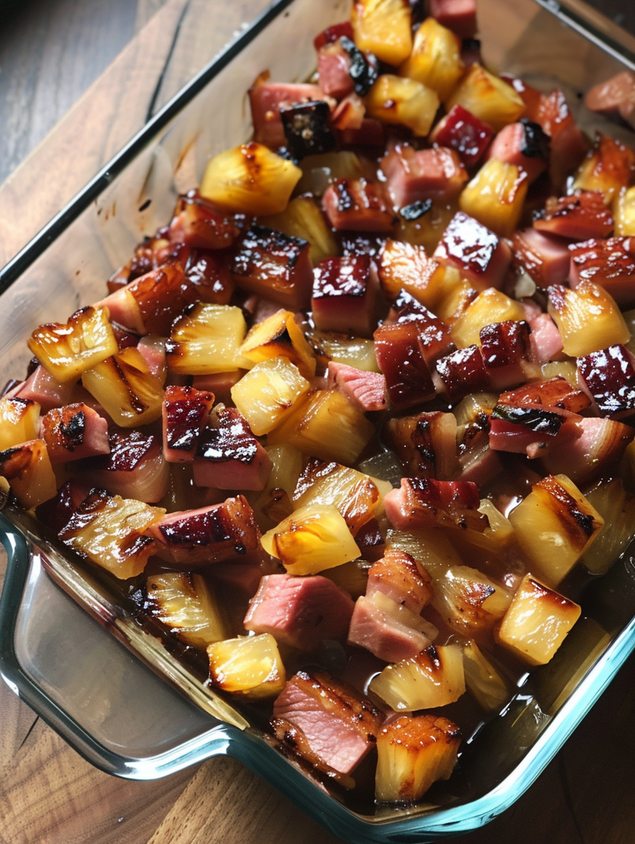 A dish of meat and pineapple.