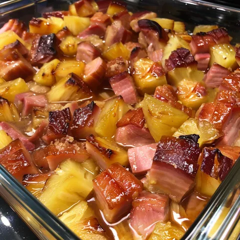 A dish of ham and pineapple.