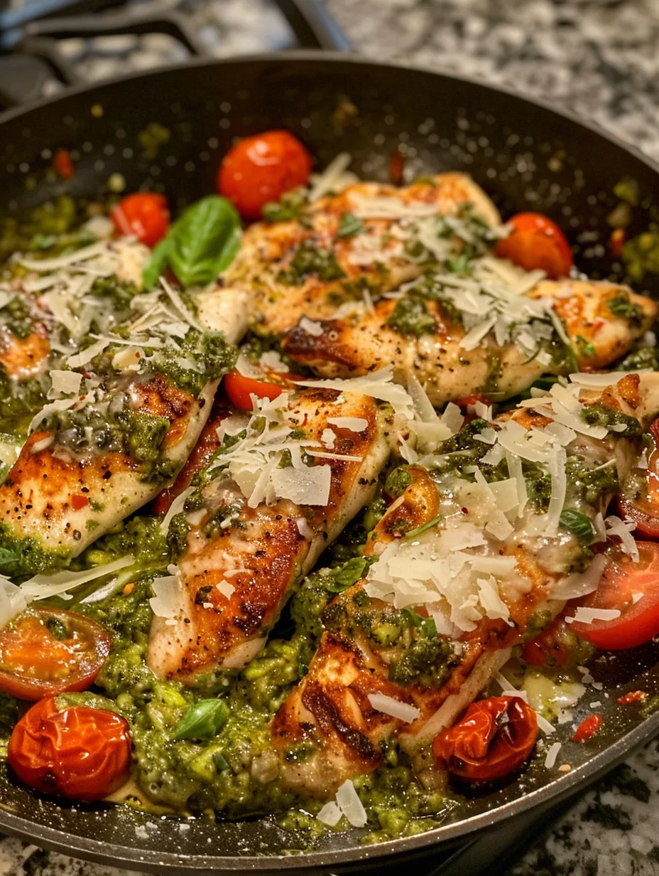 A pan of chicken with tomatoes and basil.
