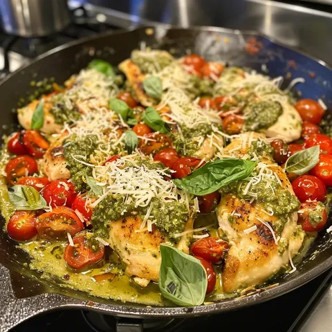 A pan of food with tomatoes, spinach, and cheese.