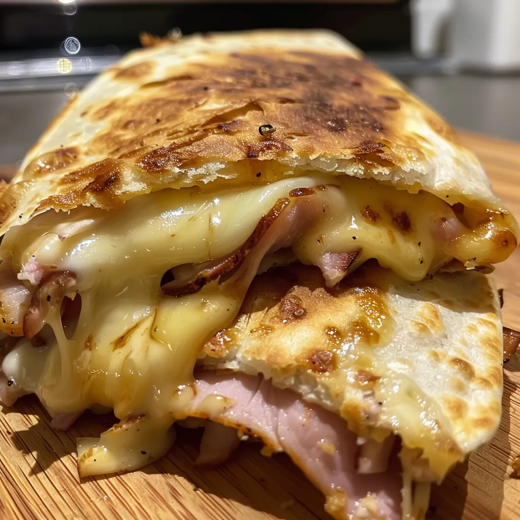 A sandwich with cheese and ham on a wooden table.