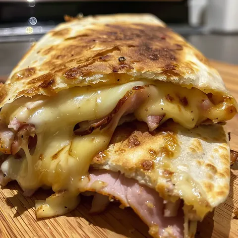 A sandwich with cheese and ham on a wooden table.