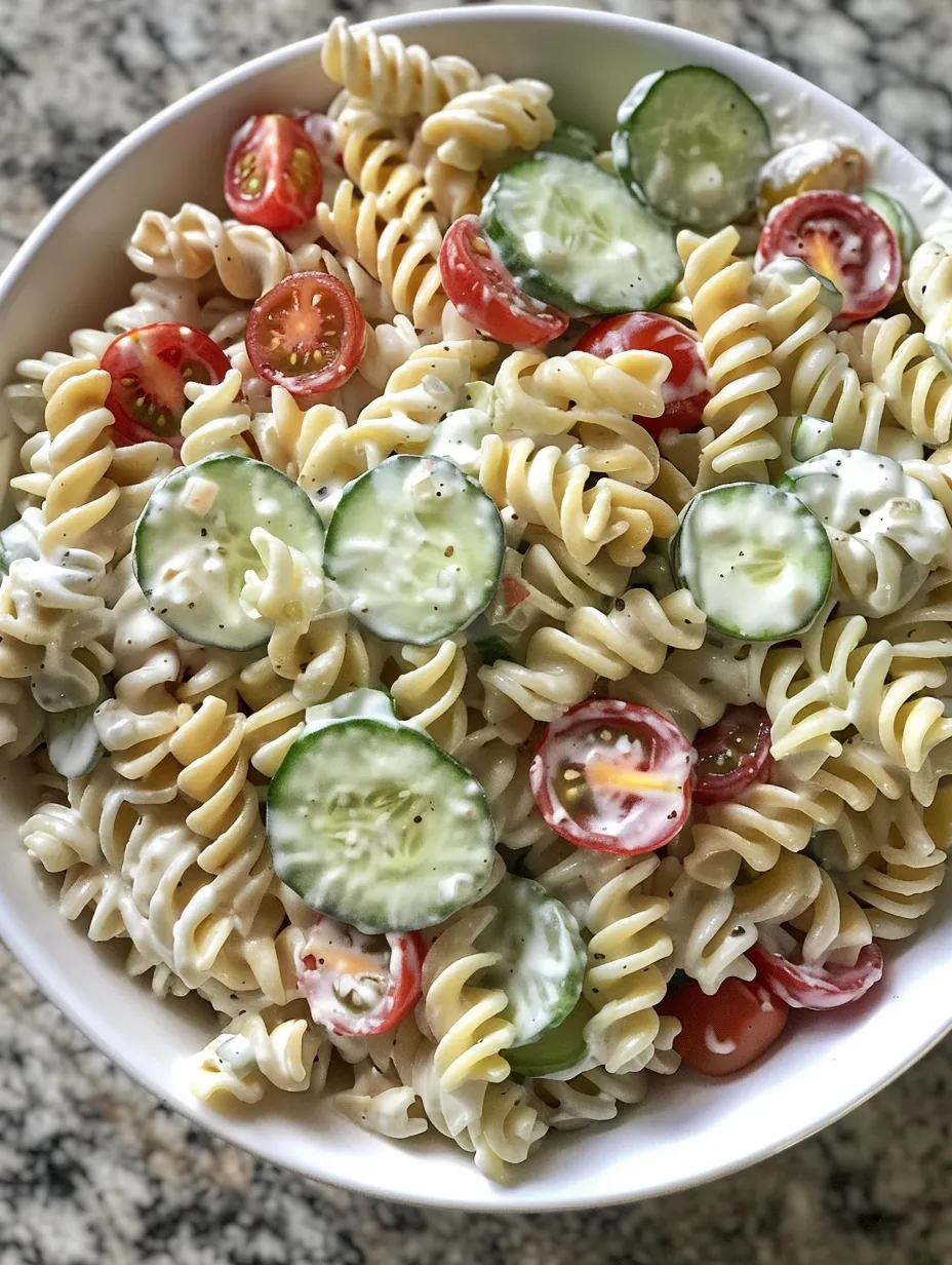 A bowl of pasta with tomatoes, cucumbers, and cheese.