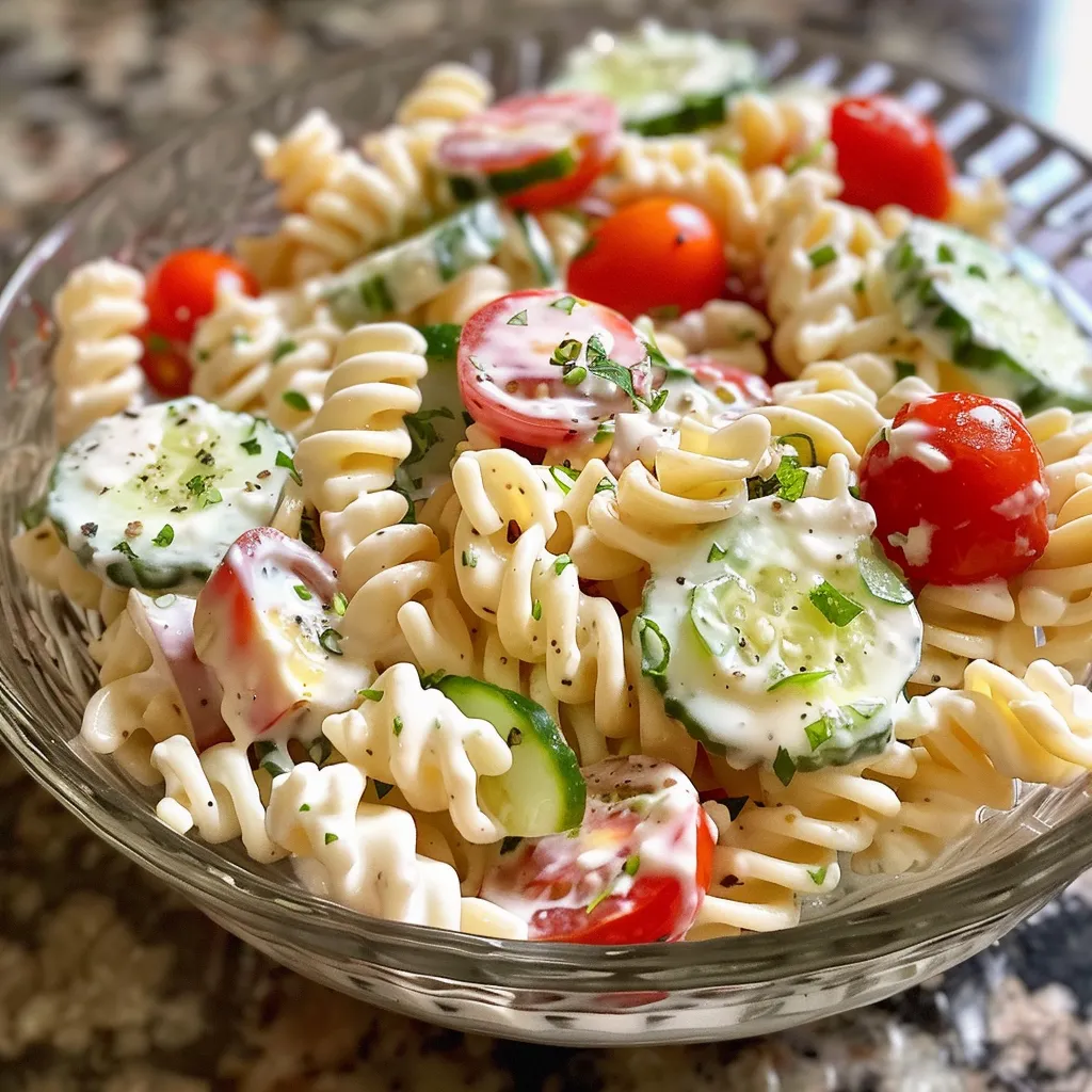 A bowl of pasta with tomatoes and cucumbers.