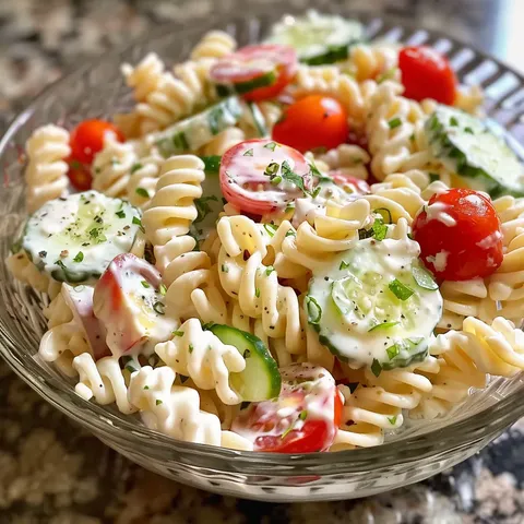 A bowl of pasta with tomatoes and cucumbers.