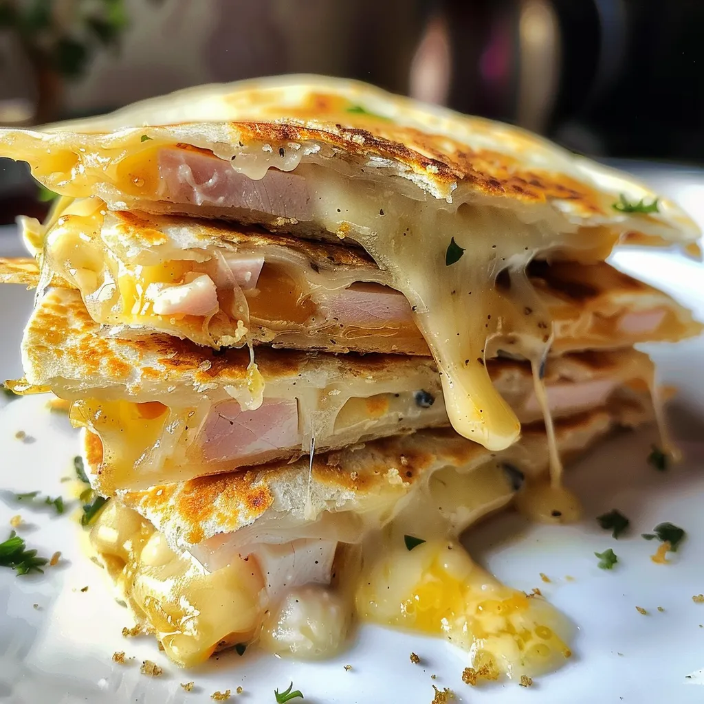 A stack of sandwiches with cheese and meat.