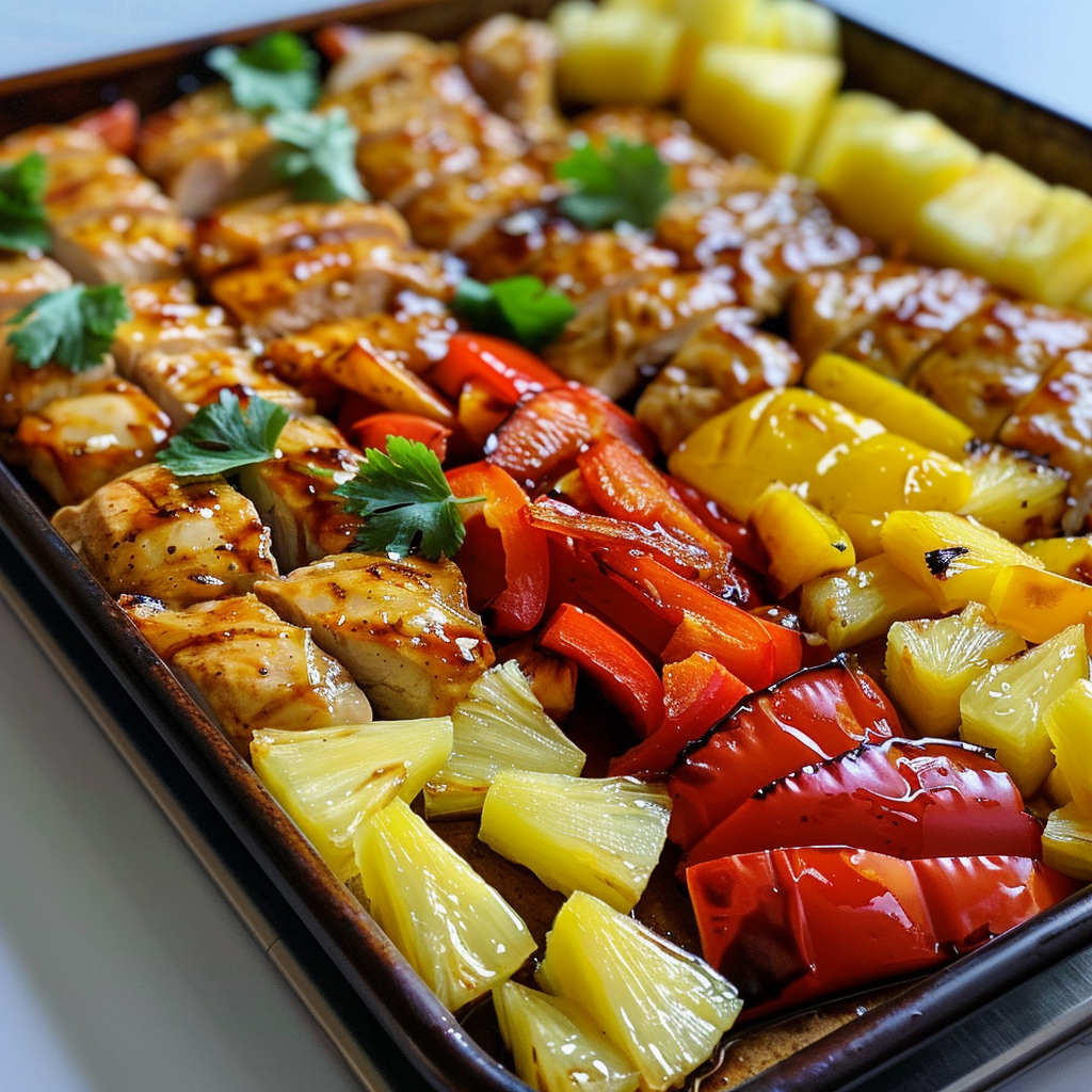 A pan of food with chicken, pineapple, peppers and onions.
