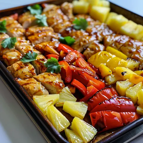 A pan of food with chicken, pineapple, peppers and onions.