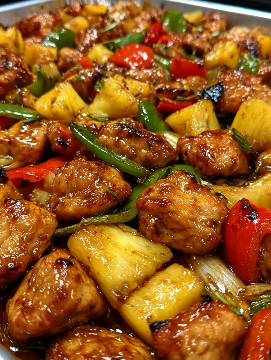 A close up of a delicious stir fry with peppers, onions, and pineapple.
