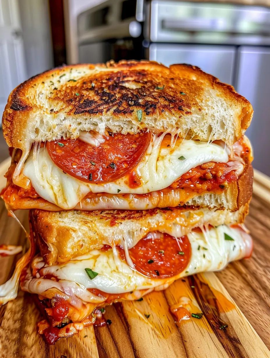 A sandwich with pepperoni and cheese on a wooden cutting board.