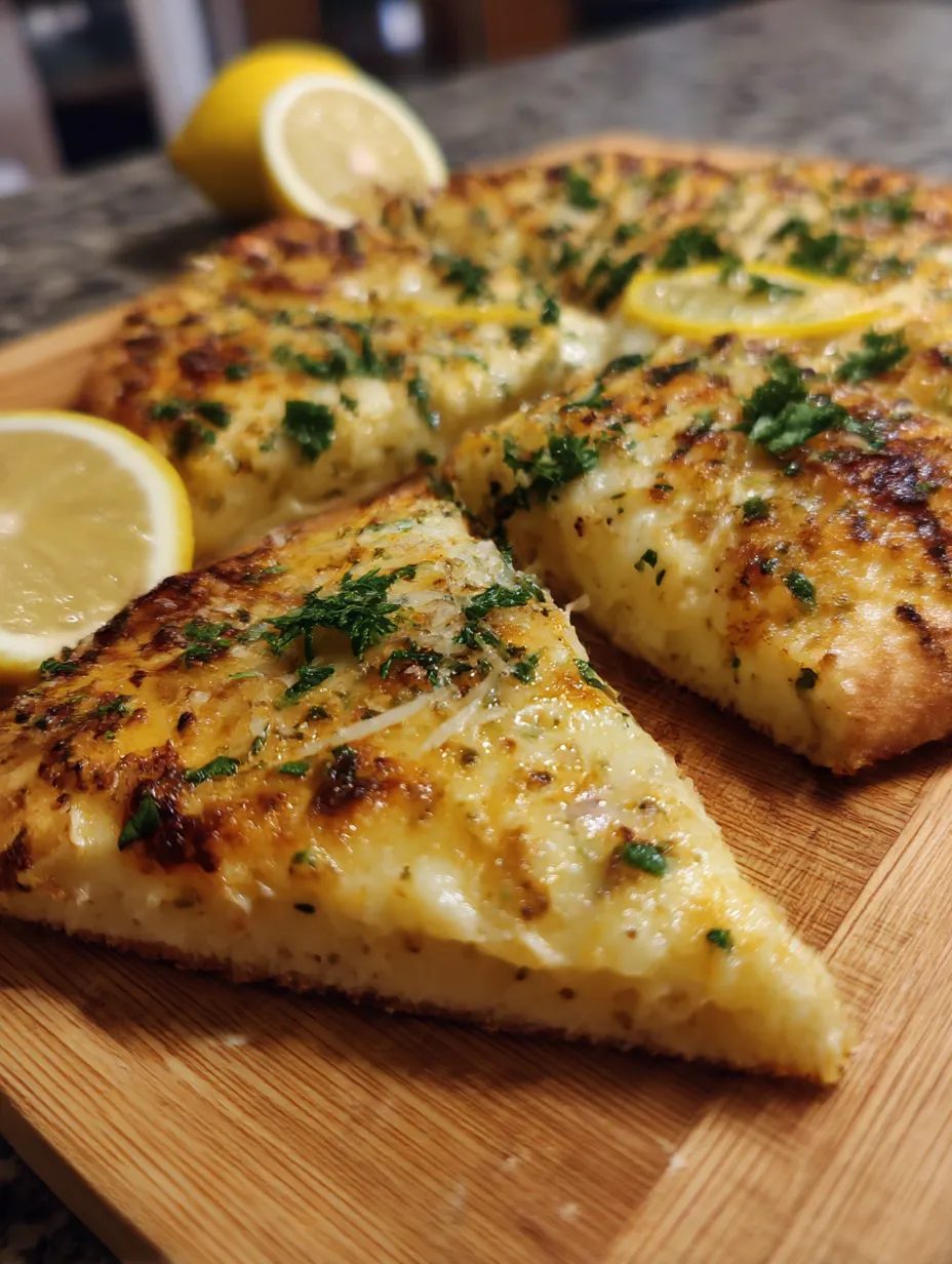 A slice of pizza with lemon wedges on top.
