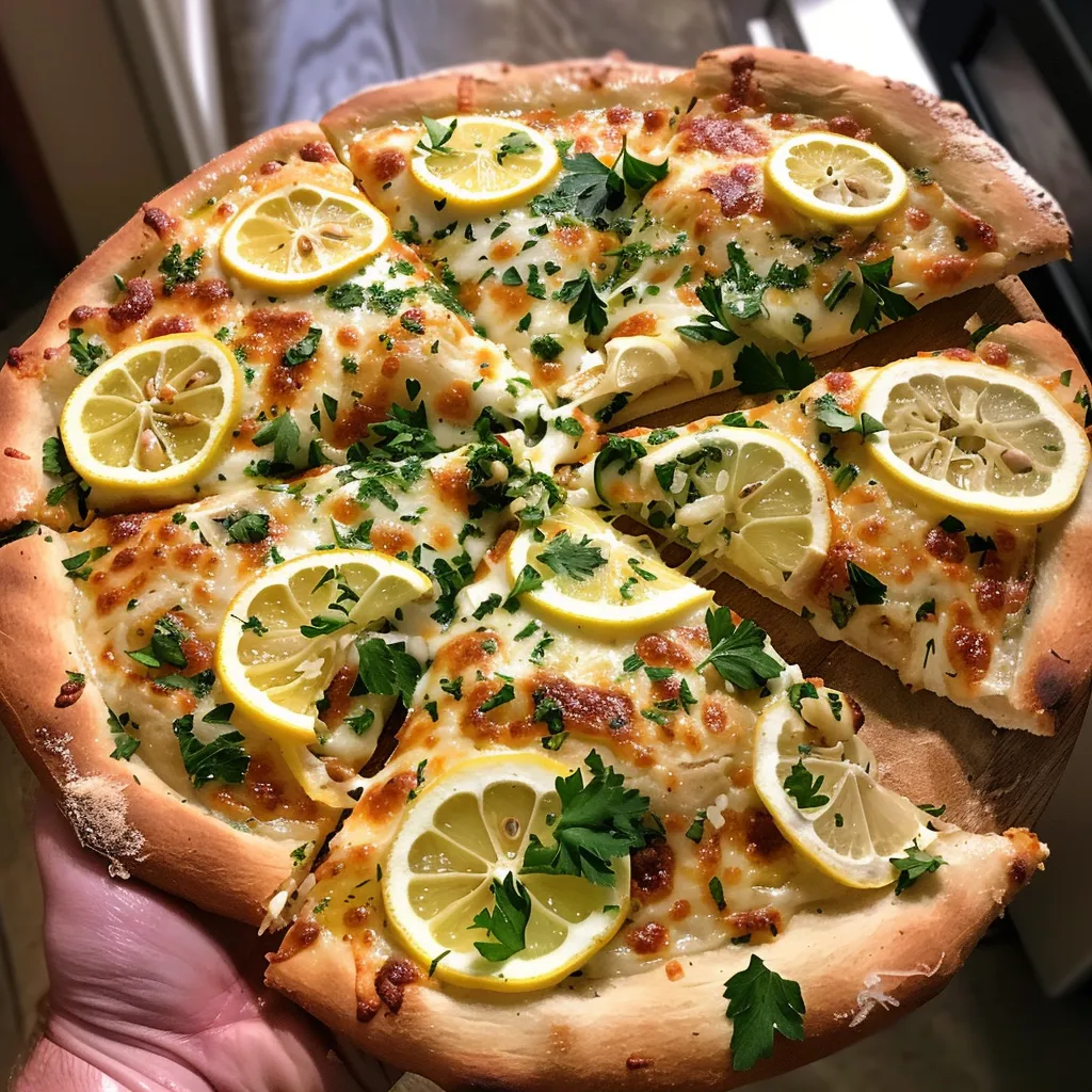 A slice of pizza with lemon wedges on top.