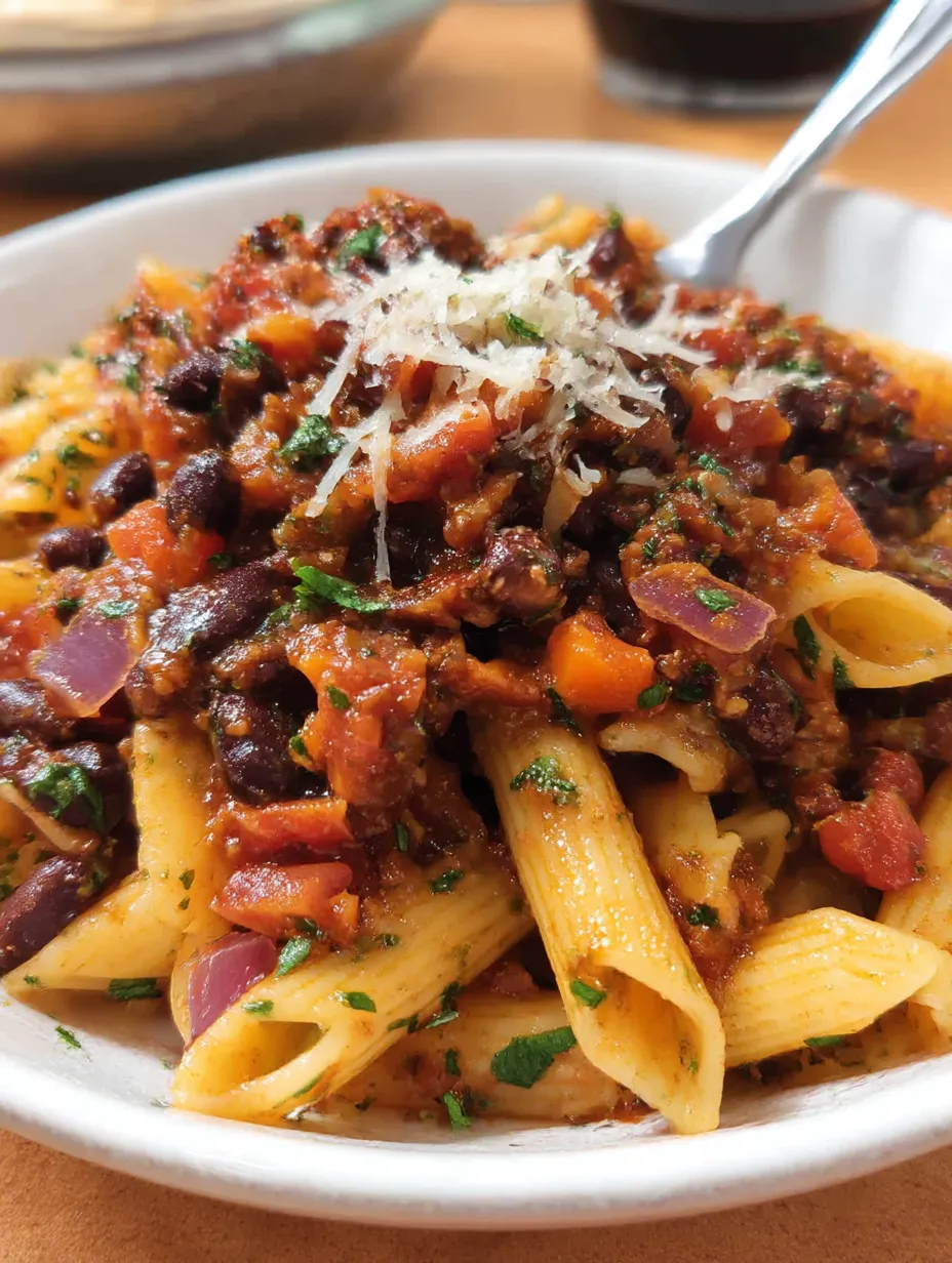 A bowl of pasta with meat sauce and cheese.