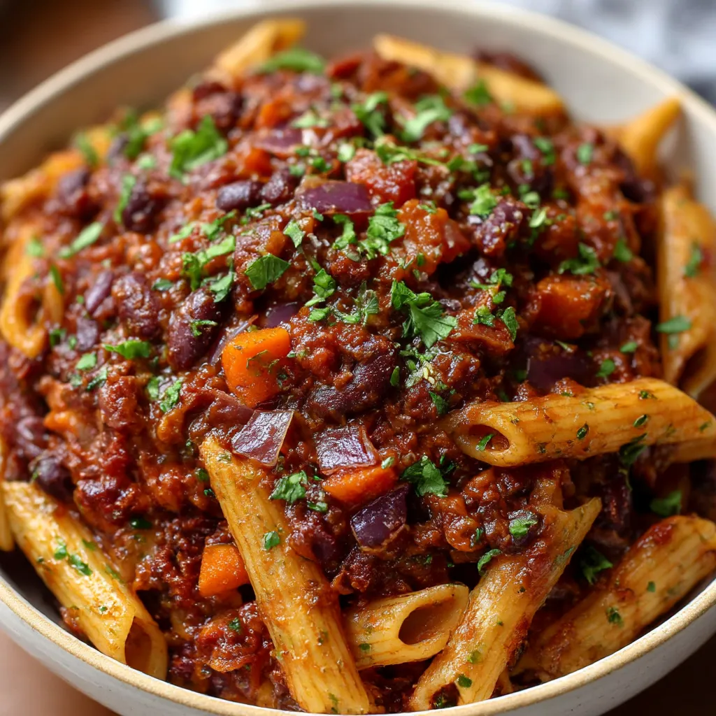 A bowl of pasta with chili and cheese.
