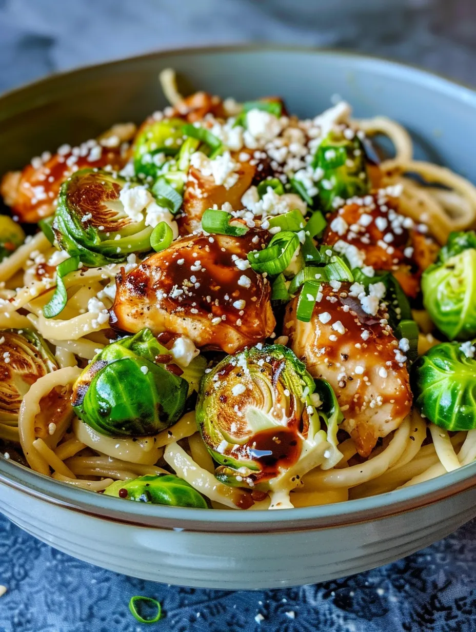 A bowl of food with chicken, noodles, and green vegetables.