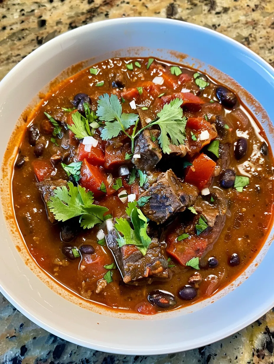 A bowl of stew with meat and beans.