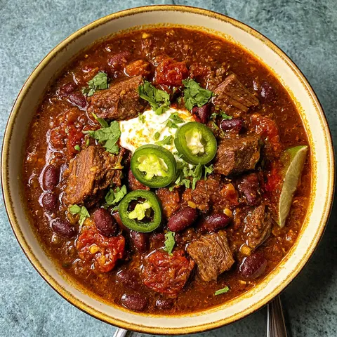 A bowl of beans with jalapenos and meat.