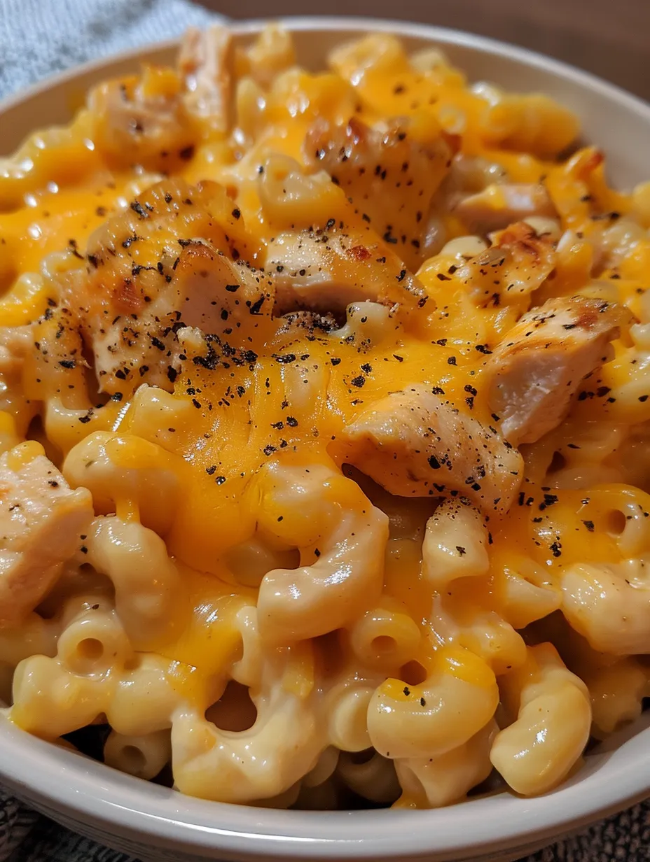 A bowl of macaroni and cheese with chicken.