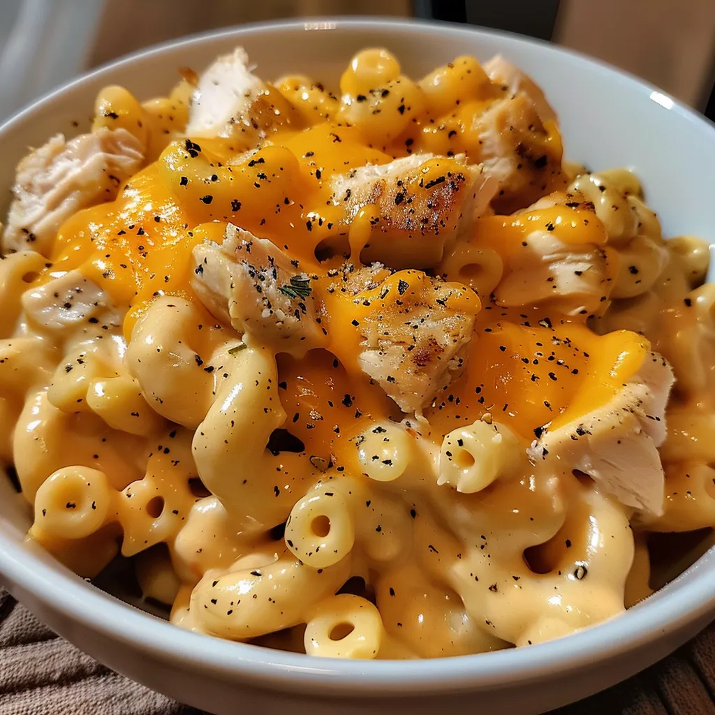 A bowl of macaroni and cheese with chicken.