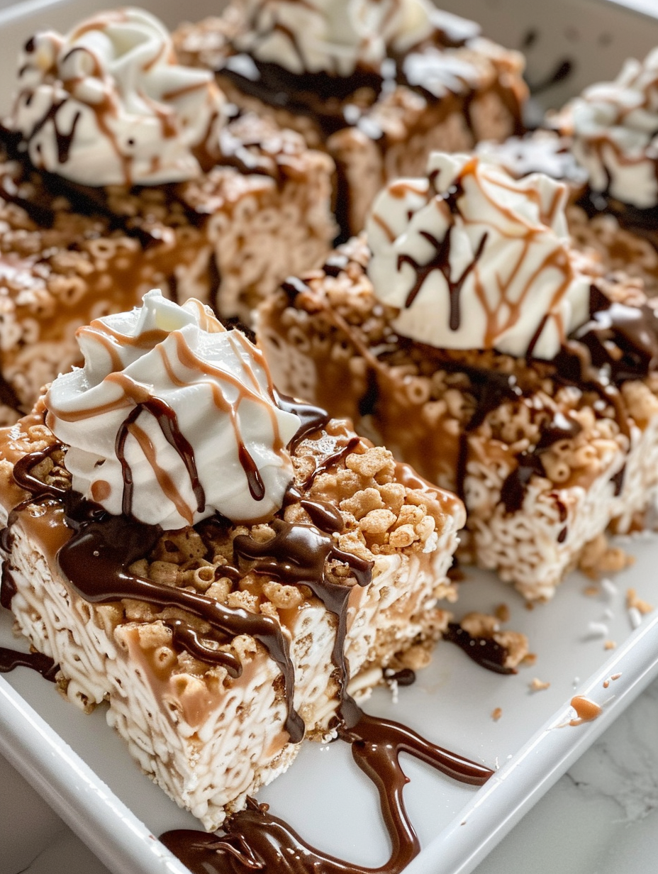 A plate of food with chocolate drizzled on top.