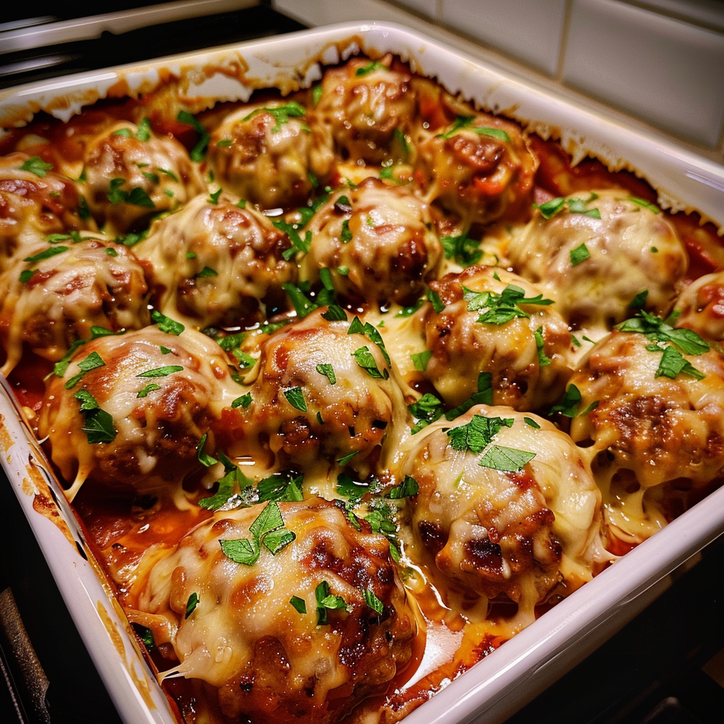 A pan of food with meatballs and cheese.