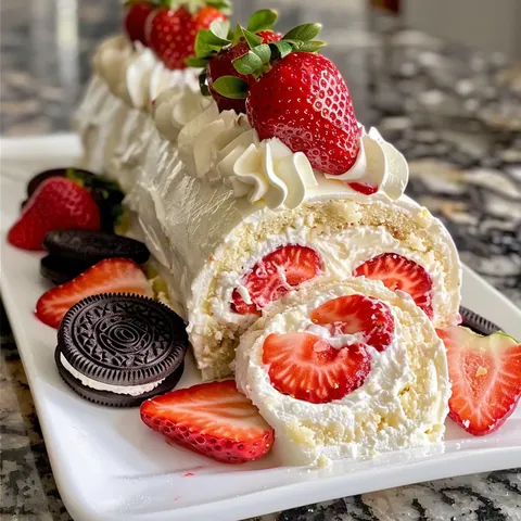 A cake with strawberries and whipped cream.