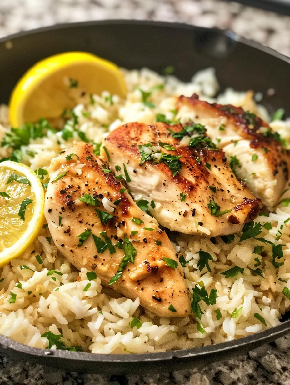 A plate of rice with chicken and lemon.