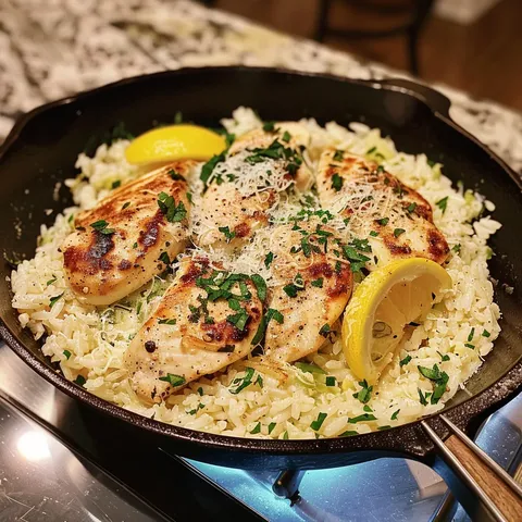 A pan of rice with chicken and lemon.