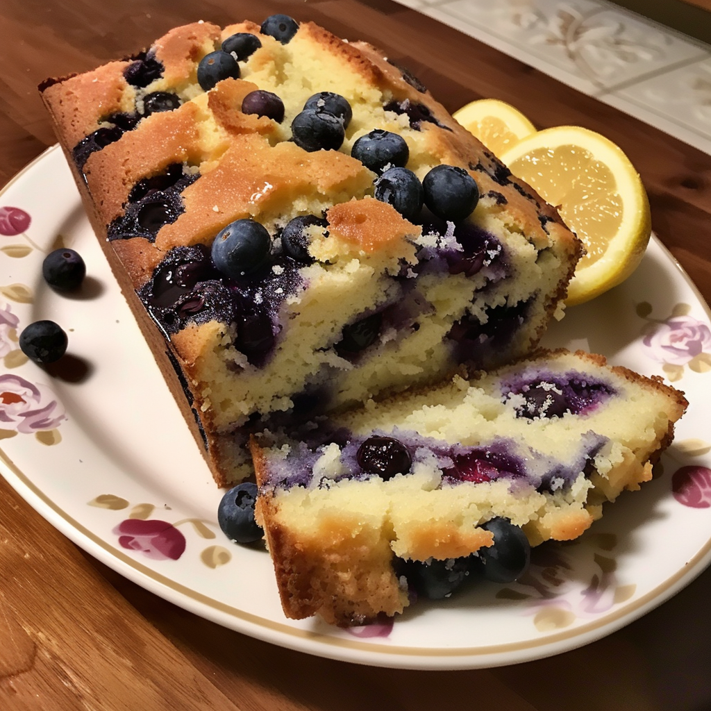 A slice of blueberry cake on a plate.