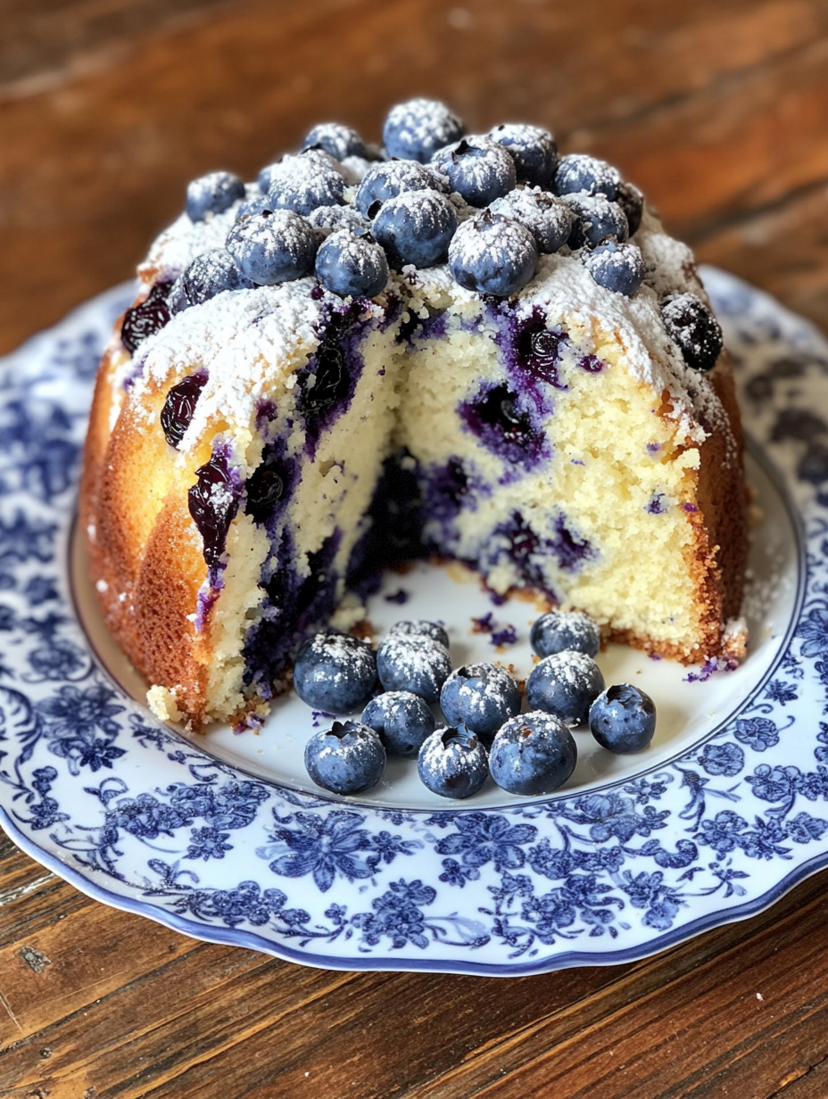 A slice of cake with blueberries on it.