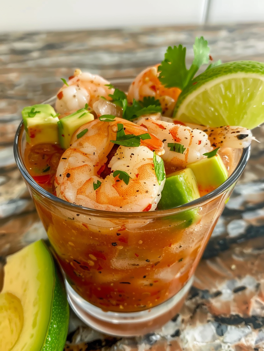 A glass of shrimp and vegetables.