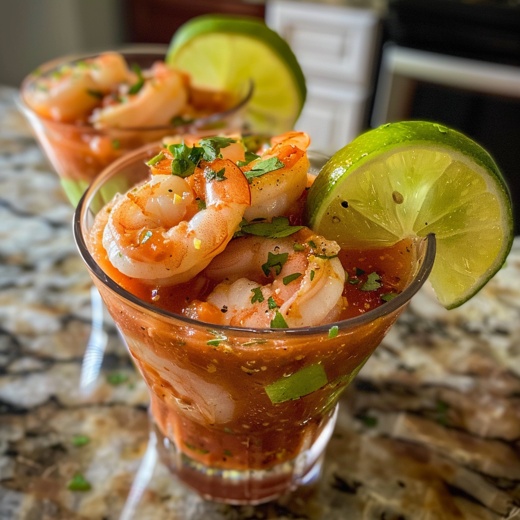 Two glasses of shrimp and tomato sauce.
