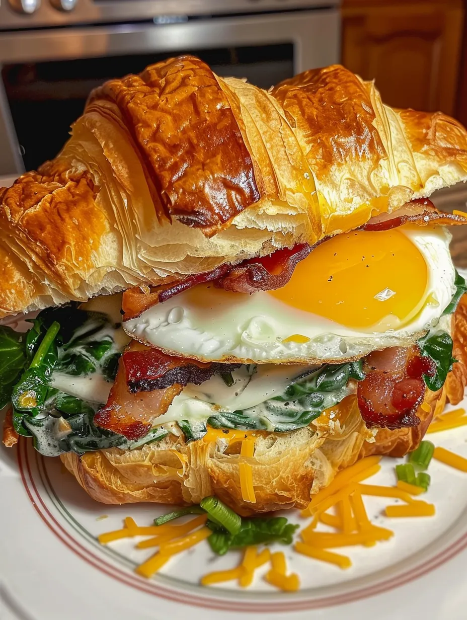 A sandwich with eggs, bacon, and spinach.