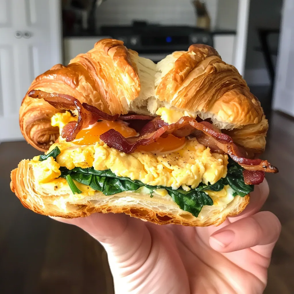 A hand holding a croissant sandwich.