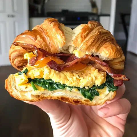 A hand holding a croissant sandwich.