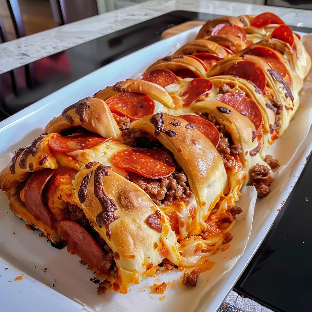 A long pizza with pepperoni and cheese.
