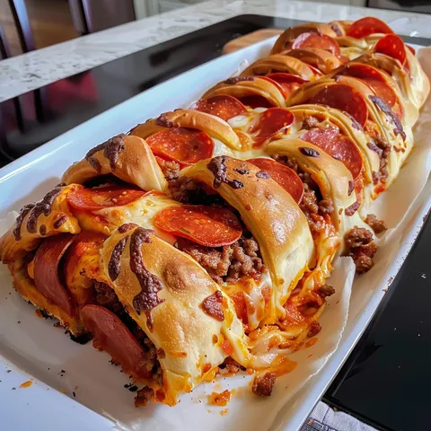 A long pizza with pepperoni and cheese.