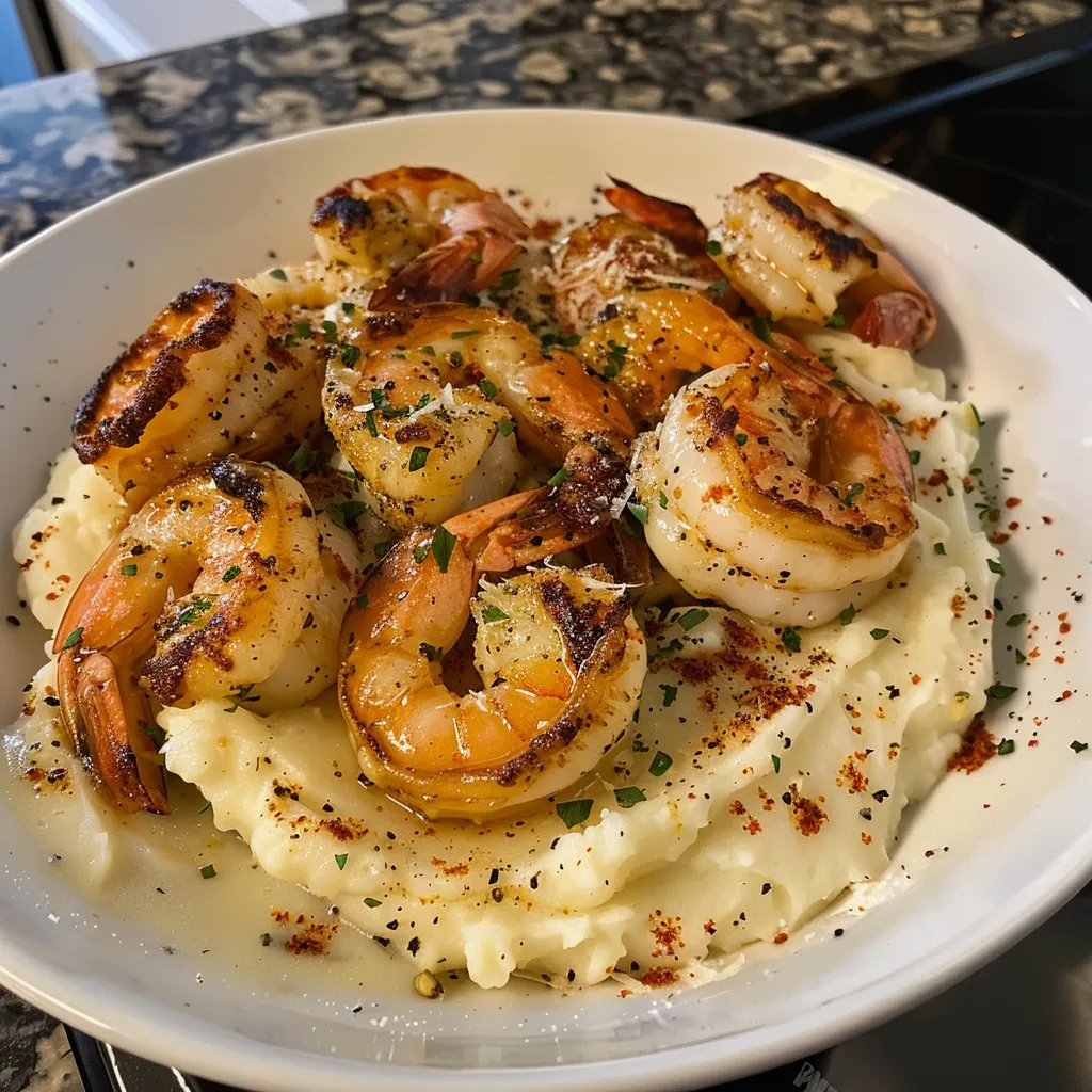 A bowl of shrimp and potatoes.