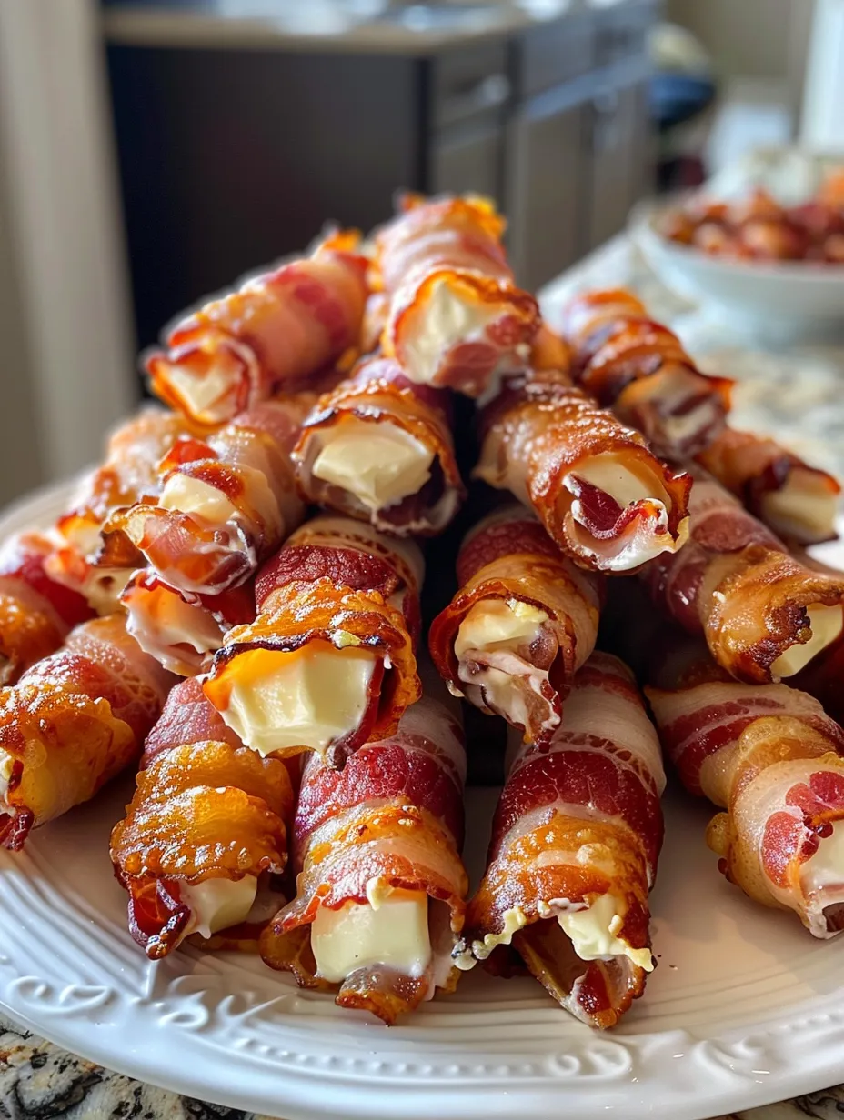 Bacon wrapped around cheese sticks.
